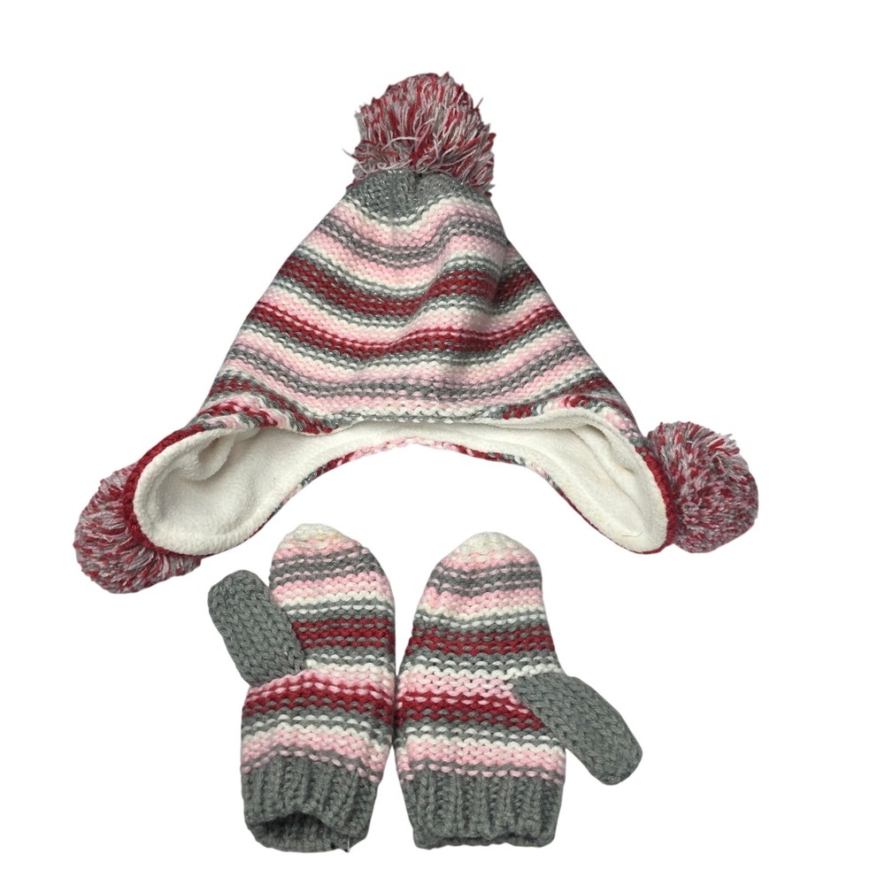 Girls Knit Trapper Hat and Mittens Set Pink Red Striped Pom Pom One Size